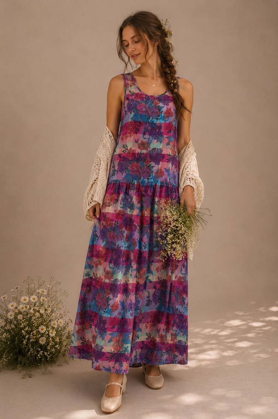 Vintage All Week Long Floral Plaid Jumper Maxi Dress Prairie Cottagecore Size 10